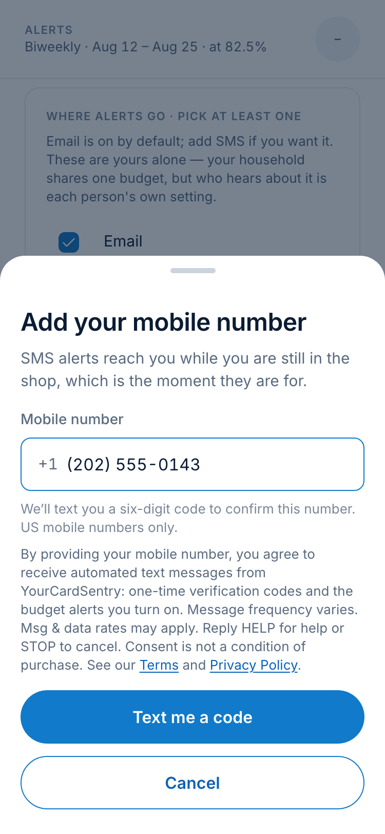 The app's 'Add your mobile number' screen: a mobile number field, the text-message disclosure beneath it, and a 'Text me a code' button.